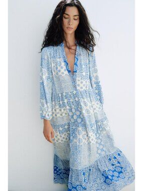 Zara Womens Blue & White Long-Sleeve Boho Maxi Dress Size S